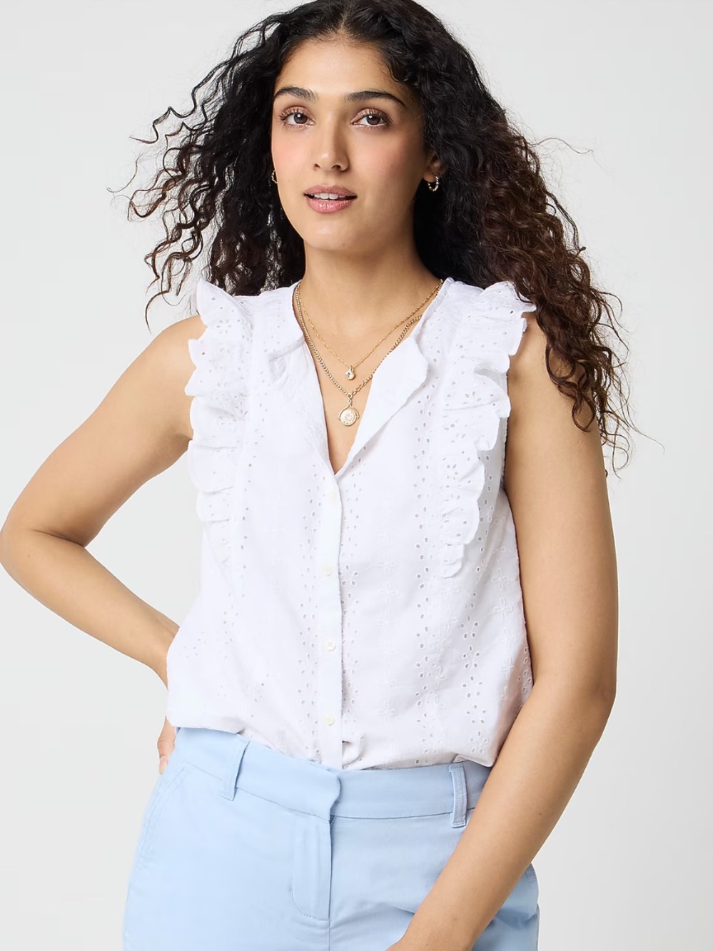 J. Crew White Eyelet Ruffle Sleeveless Button Blouse